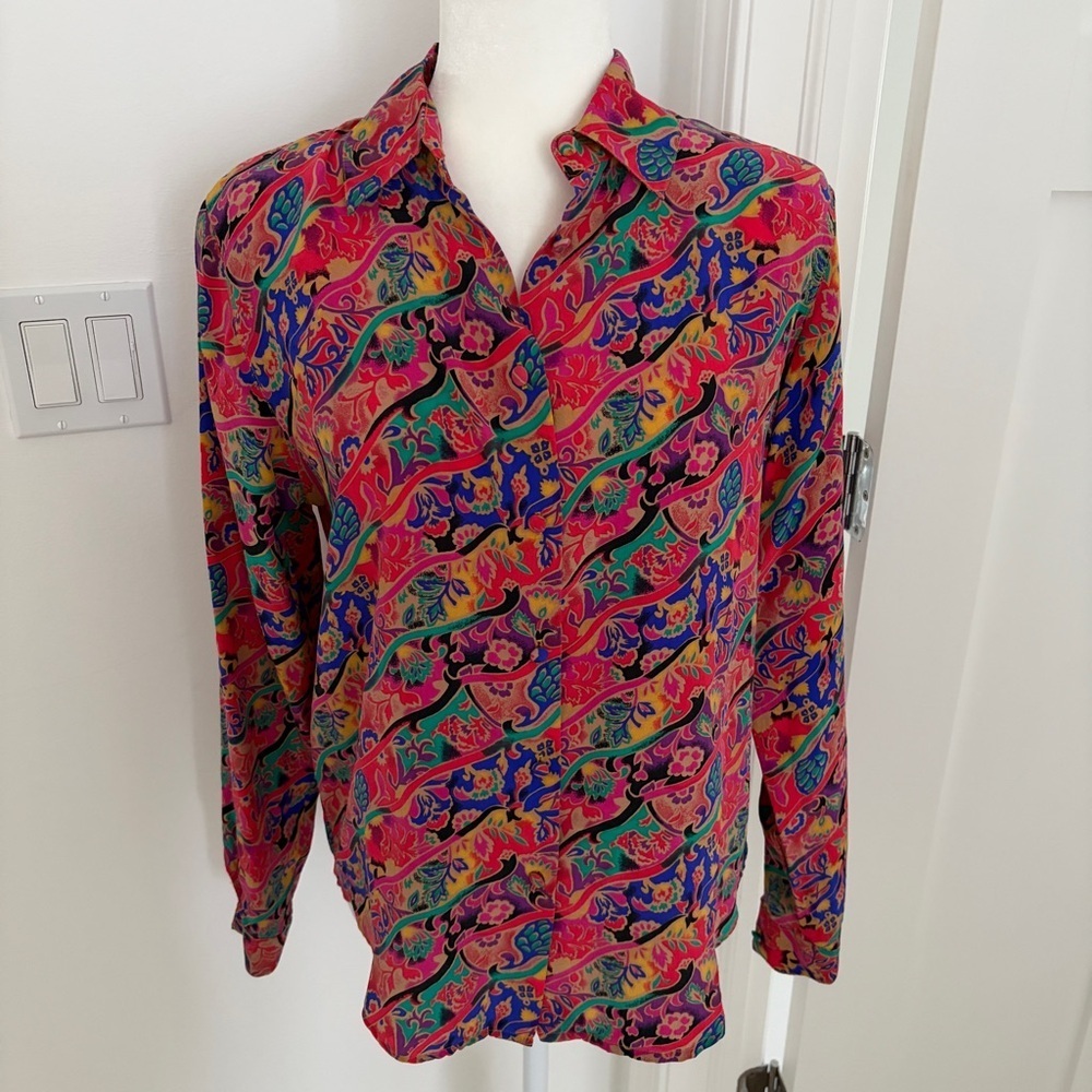 Vintage Christie & Jill 100% Silk Blouse Sz 6 Multicolor Abstract Button Up *D13